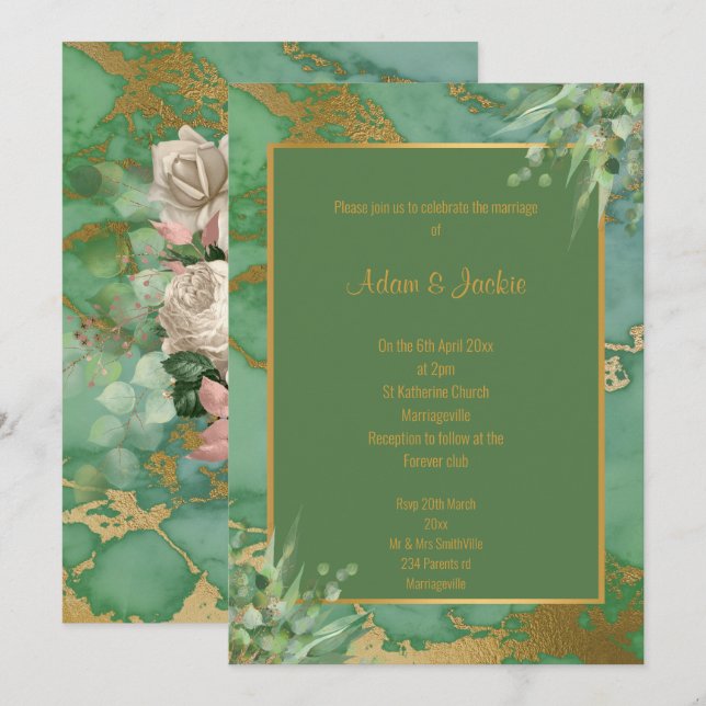 SAGE GREEN EUCALYPTUS MARBLE WEDING INVITATION EINLADUNG (Vorne/Hinten)
