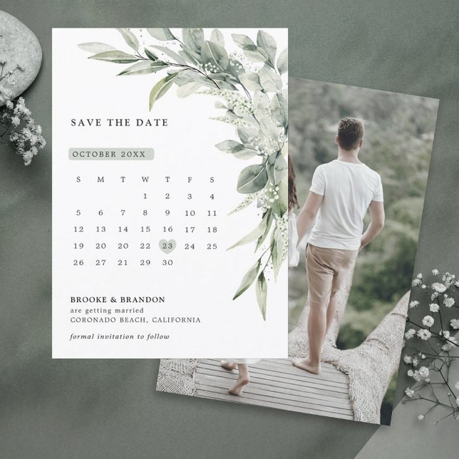 Sage Green Eucalyptus Minimalistisch Botanische Ho Save The Date (Sage green eucalyptus calendar save the date card)