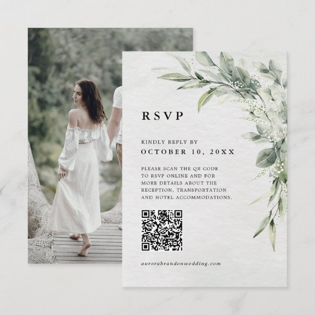 Sage Green Eucalyptus Minimalistisch QR Code Foto RSVP Karte (Vorne/Hinten)