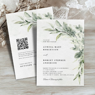 Sage Green Eucalyptus Minimalistisch QR Code Hochz Einladung