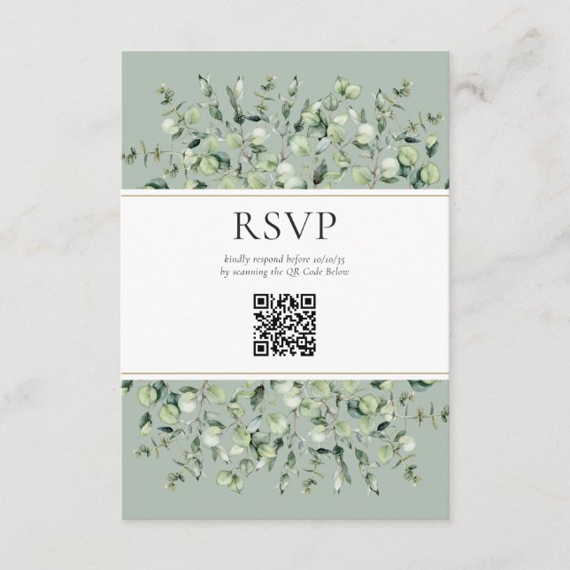 Sage Green Eucalyptus QR Code Wedding RSVP  Begleitkarte (Vorderseite)