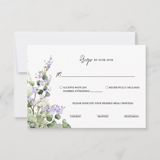 Sage Green Eucalyptus RSVP Card with Lilac Florals Karte (Vorderseite)