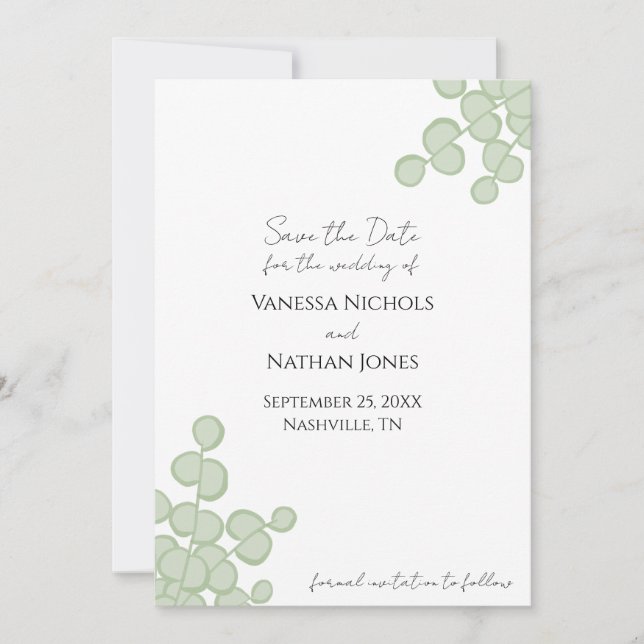 Sage Green Eucalyptus Save the Date Einladung (Vorderseite)