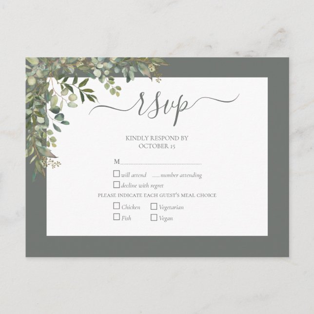 Sage Green Eucalyptus Script Wedding RSVP Einladungspostkarte (Vorderseite)