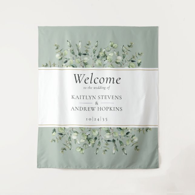 Sage Green Eucalyptus Wedding Welcome Wandteppich (Vorderseite)