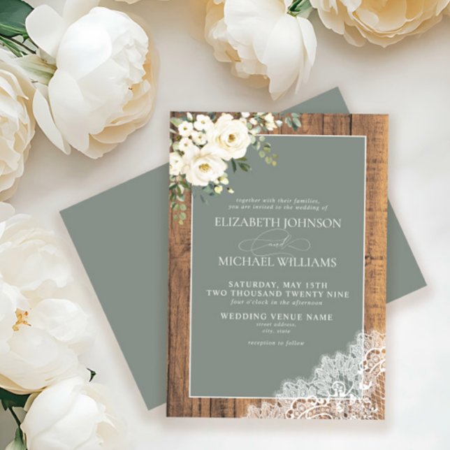 Sage Green Eucalyptus Wood Spitzen Script Wedding  Einladung (Von Creator hochgeladen)
