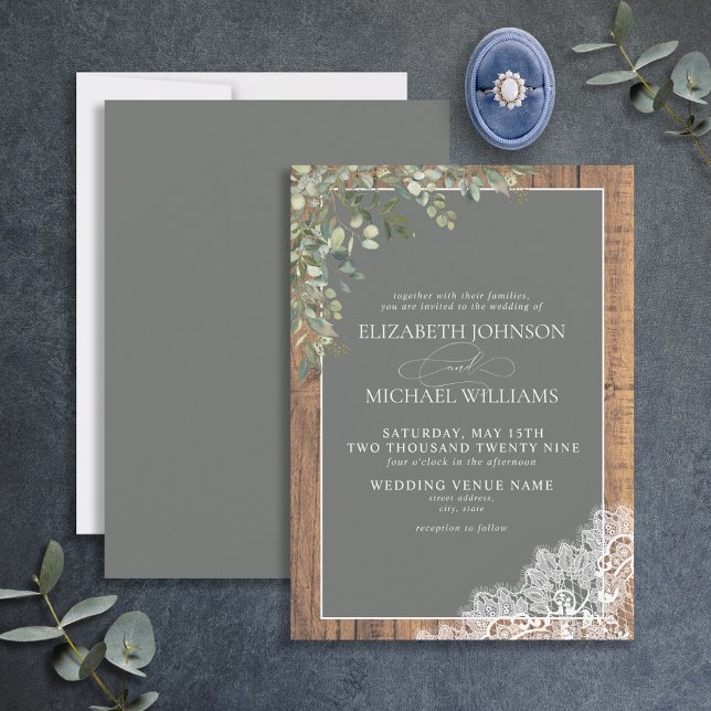 Sage Green Eucalyptus Wood Spitzen Script Wedding  Einladung (Von Creator hochgeladen)
