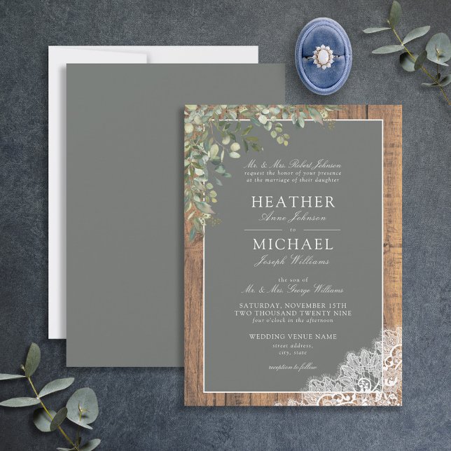 Sage Green Eucalyptus Wood Spitzen Script Wedding  Einladung (Von Creator hochgeladen)