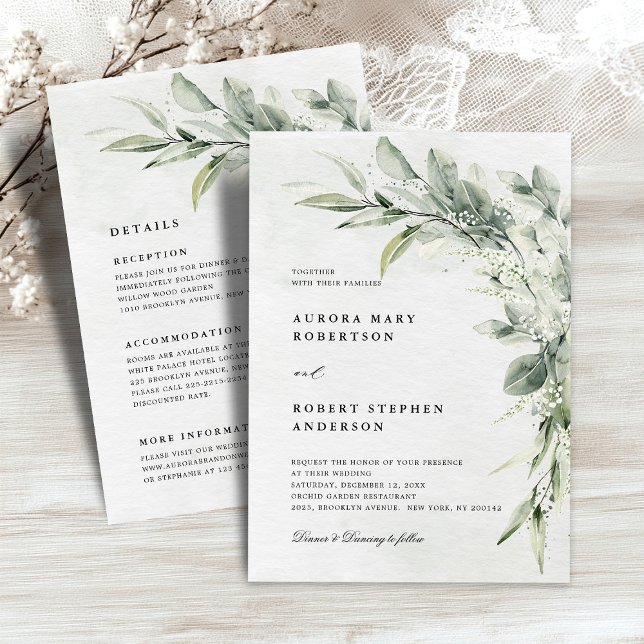 Sage Green Eukalyptus All in one Detail Hochzeit Einladung (Sage Green Eucalyptus Minimalist All in One Detail Wedding Invitation)