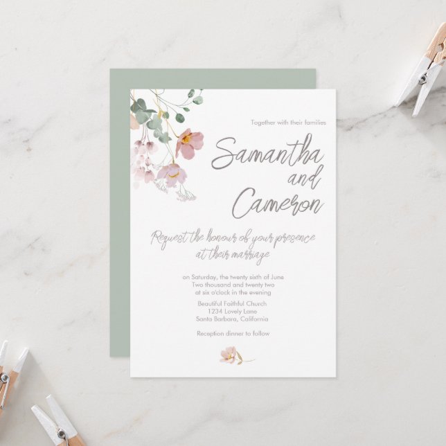 Sage Green Eukalyptus Pink Florals Wedding (Vorderseite/Rückseite Beispiel)