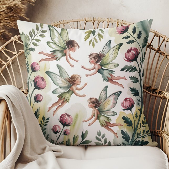 Sage Green Fairycore Floral Throw Pillow Kissen (Sage Green Fairycore Floral Throw Pillow in a boho rattan armchair.)