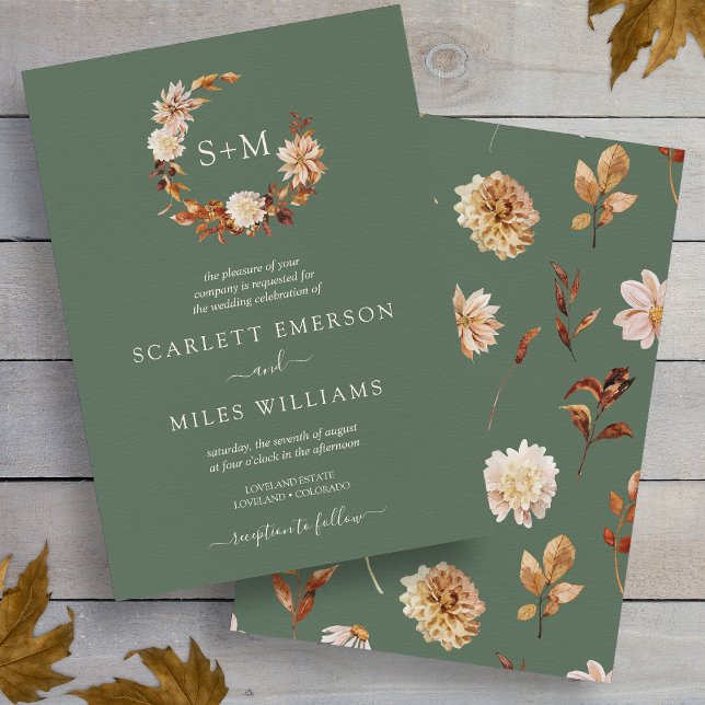 Sage Green Fall Terracotta Monogram Wreath Wedding Einladung (Sage Green Fall Terracotta Monogram Wreath Wedding Invitation
)