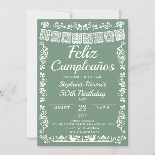 Sage Green Feliz Cumpleaños 50. Geburtstag Einladung (Vorderseite)
