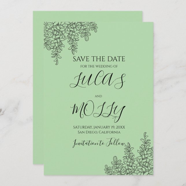 Sage Green Fern Leaf Wedding Save The Date (Vorne/Hinten)