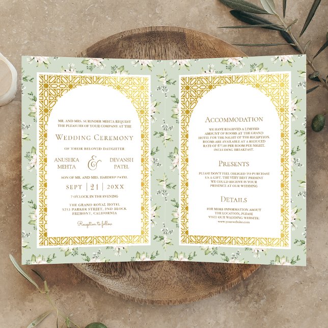 Sage Green Floral All in One Gold Indian Wedding Einladung (Von Creator hochgeladen)