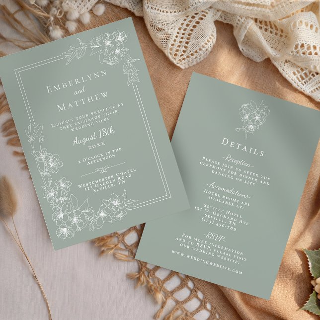Sage Green Floral All in One Wedding Einladung (Sage Green Floral All in One Wedding Invitation)