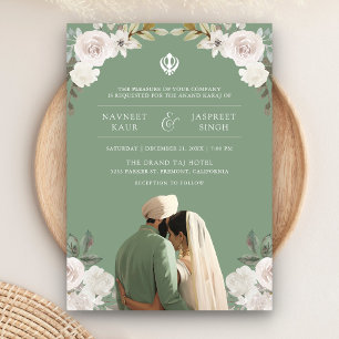 Sage Green Floral Anand Karaj Indische Sikh-Hochze Einladung