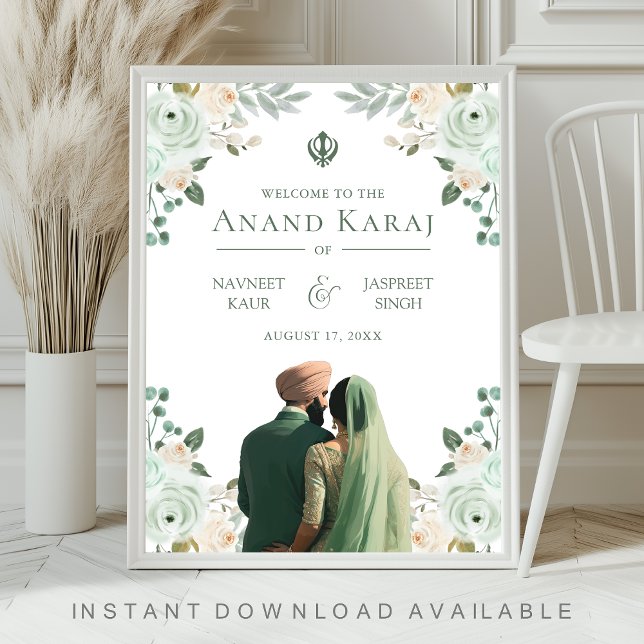 Sage Green Floral Anand Karaj Wedding Begrüßungsze Poster (Von Creator hochgeladen)