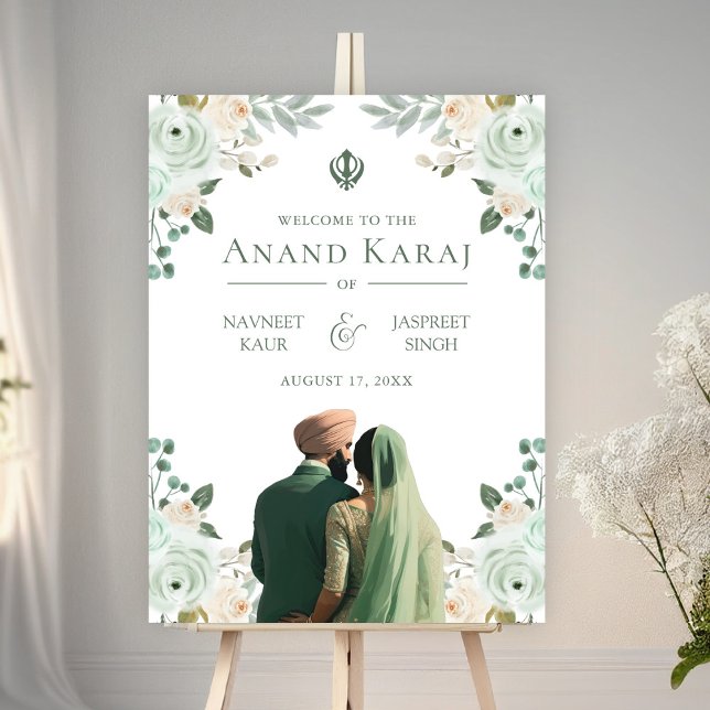 Sage Green Floral Anand Karaj Wedding Begrüßungsze Poster (Von Creator hochgeladen)