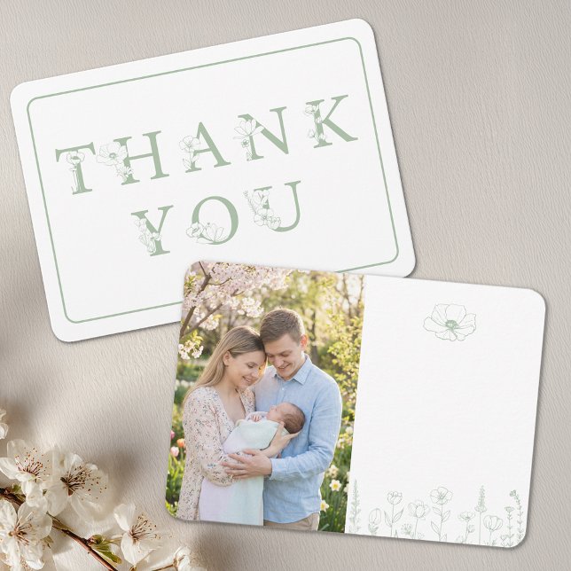 Sage Green Floral Baby Shower Photo Dankeskarte (Sage Green Photo Thank You Card)