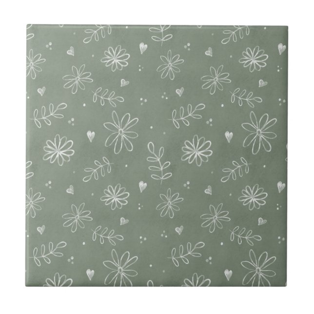 Sage Green Floral Bauernhof Keramik Tile Fliese (Vorderseite)