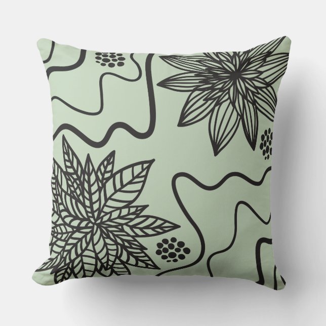 SAGE GREEN FLORAL BLACK DESIGN Retro Throw Kissen (Vorderseite)