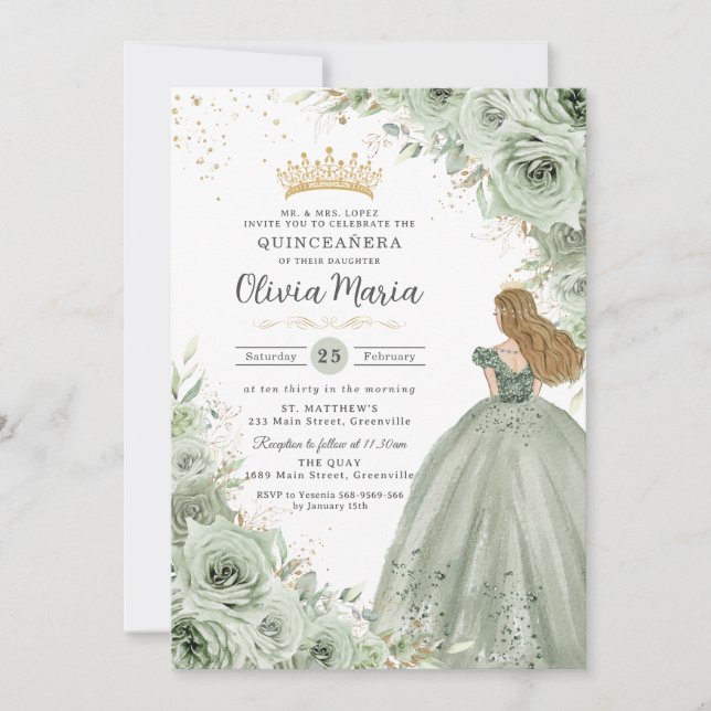 Sage Green Floral Blonde Princess Quinceañera Einladung (Vorderseite)
