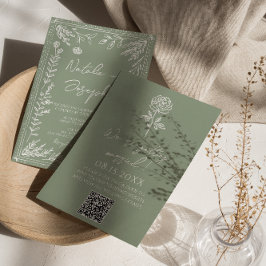 Sage Green Floral Botanical Boho QR Code Wedding Einladung