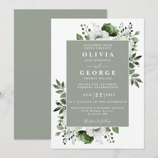 Sage Green Floral Botanical Modern Wedding Einladung (Vorne/Hinten)