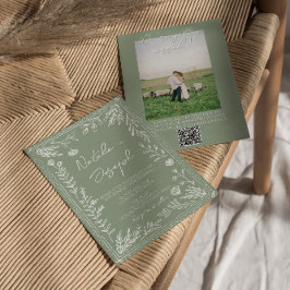 Sage Green Floral Botanical QR Code Photo Wedding Einladung