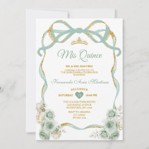 Sage Green Floral Bow Ribbon Gold Crown Mis Quince Einladung