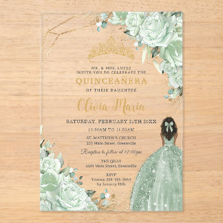 Sage Green Floral Brocess Princess Gold Quinceañer Acryleinladungen