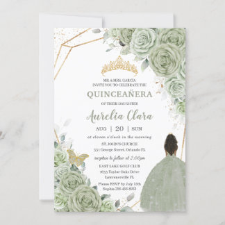 Sage Green Floral Brocess Princess Gold Quinceañer Einladung