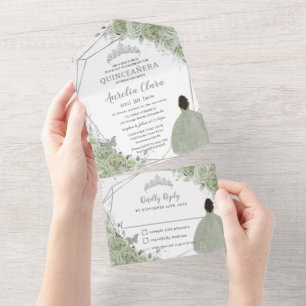 Sage Green Floral Brown Girl 15 Silver Quinceanera All In One Einladung
