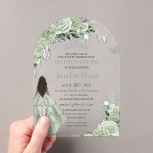 Sage Green Floral Brown Girl Quinceañera XV Arch Acryleinladungen