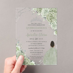 Sage Green Floral Brown Girl Silver 15 Quinceañera Acryleinladungen