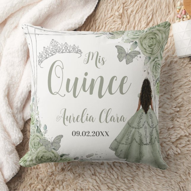 Sage Green Floral Brown Girl Silver 15 Quinceañera Kissen (Decke)