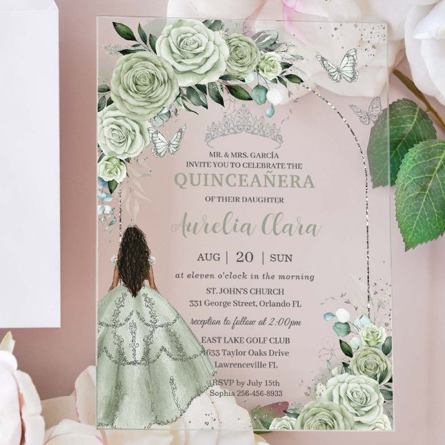 Sage Green Floral Brown Girl Silver Quinceañera Acryleinladungen (Von Creator hochgeladen)