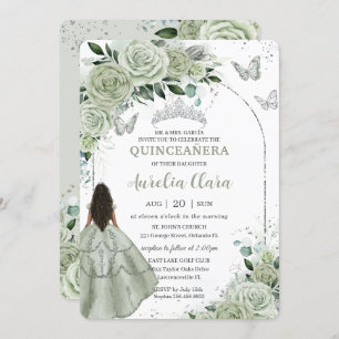 Sage Green Floral Brown Girl Silver Quinceañera Einladung