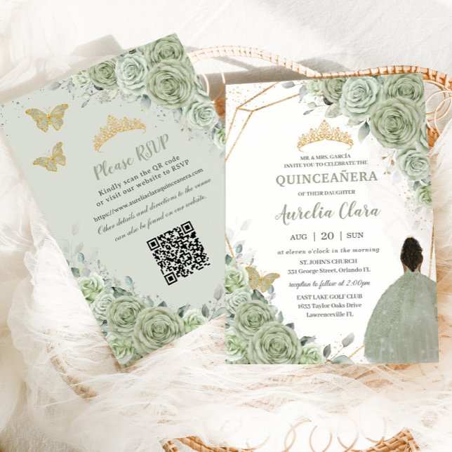 Sage Green Floral Brown Princess Quinceañera QR Einladung (Von Creator hochgeladen)