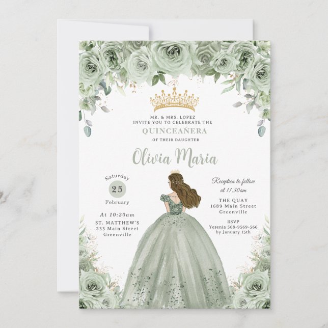 Sage Green Floral Brünett Princess Quinceañera Einladung (Vorderseite)