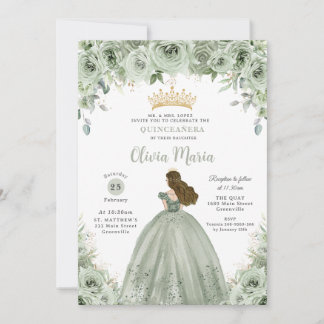Sage Green Floral Brünett Princess Quinceañera Einladung