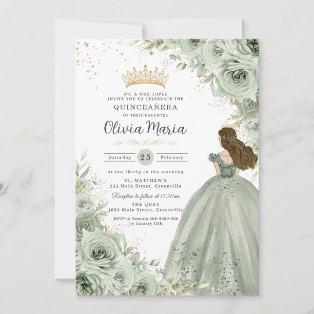 Sage Green Floral Brünett Princess Quinceañera Einladung (Vorderseite)
