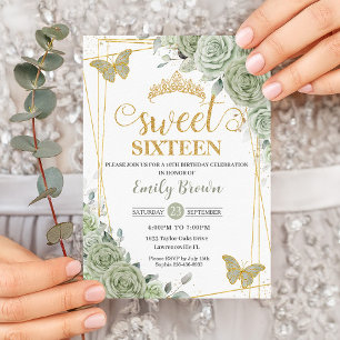 Sage Green Floral Butterfells Gold 16 . Geburtstag Einladung