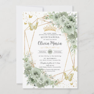 Sage Green Floral Butterfells Gold Quinceañera Einladung
