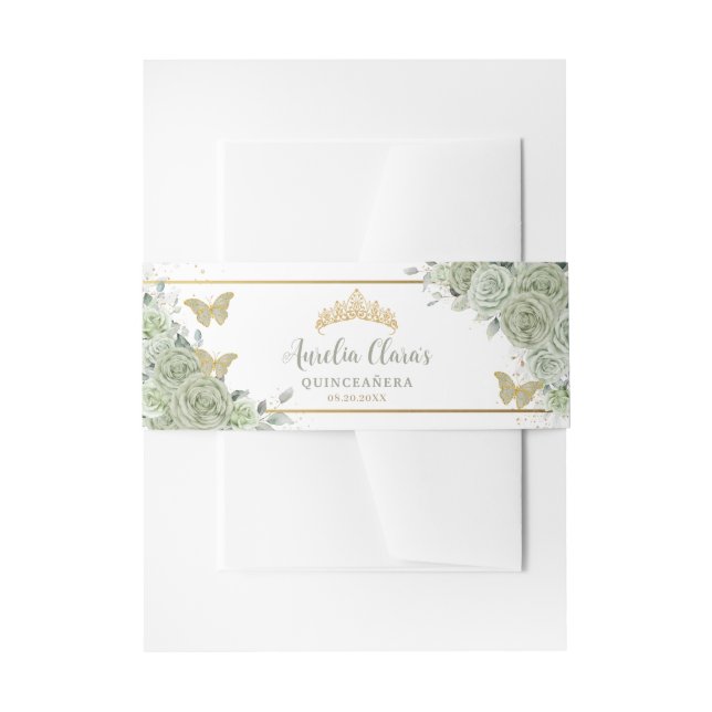 Sage Green Floral Butterfells Gold Quinceanera Einladungsbanderole (Vorderseite Beispiel)