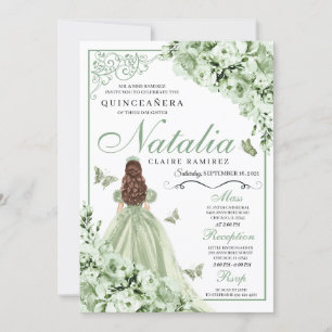 Sage Green Floral Butterfliegen Quinceanera Einladung