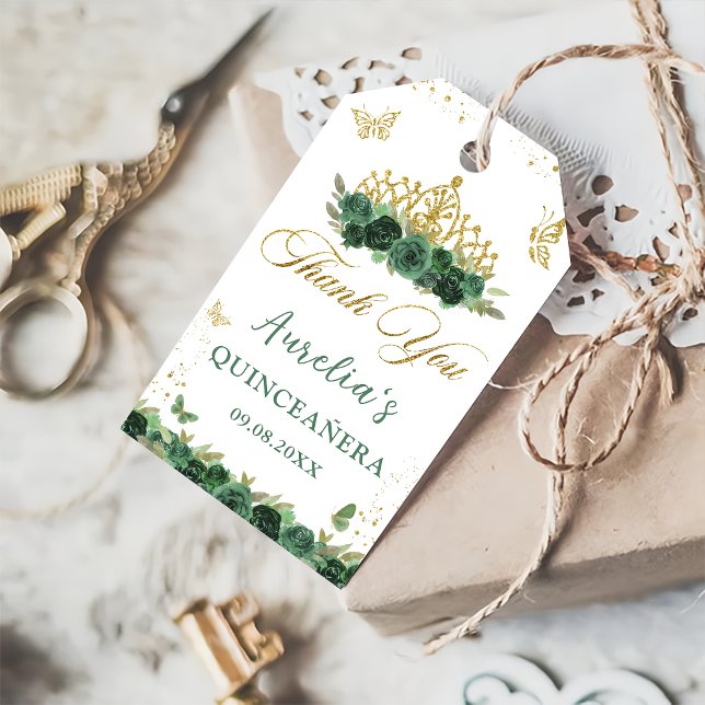 Sage Green Floral Butterfliegen Quinceañera Geburt Geschenkanhänger (Von Creator hochgeladen)