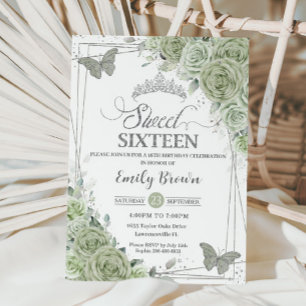 Sage Green Floral Butterfliegen Silver 16 . Geburt Einladung