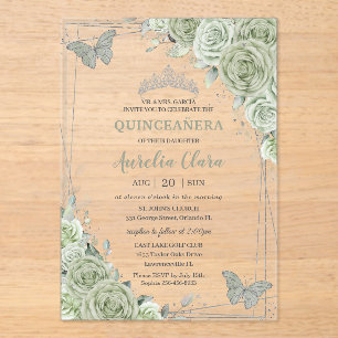 Sage Green Floral Butterfliegen Silver Quinceañera Acryleinladungen